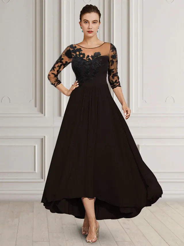 Wholesale A-Line Mother of the Bride Dress Elegant Jewel Neck Asymmetrical Tea Length Chiffon Lace Length Sleeve with Appliques